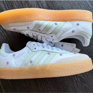 adidas White Sneakers with Pastel Green Stripes & Pink Floral Details
